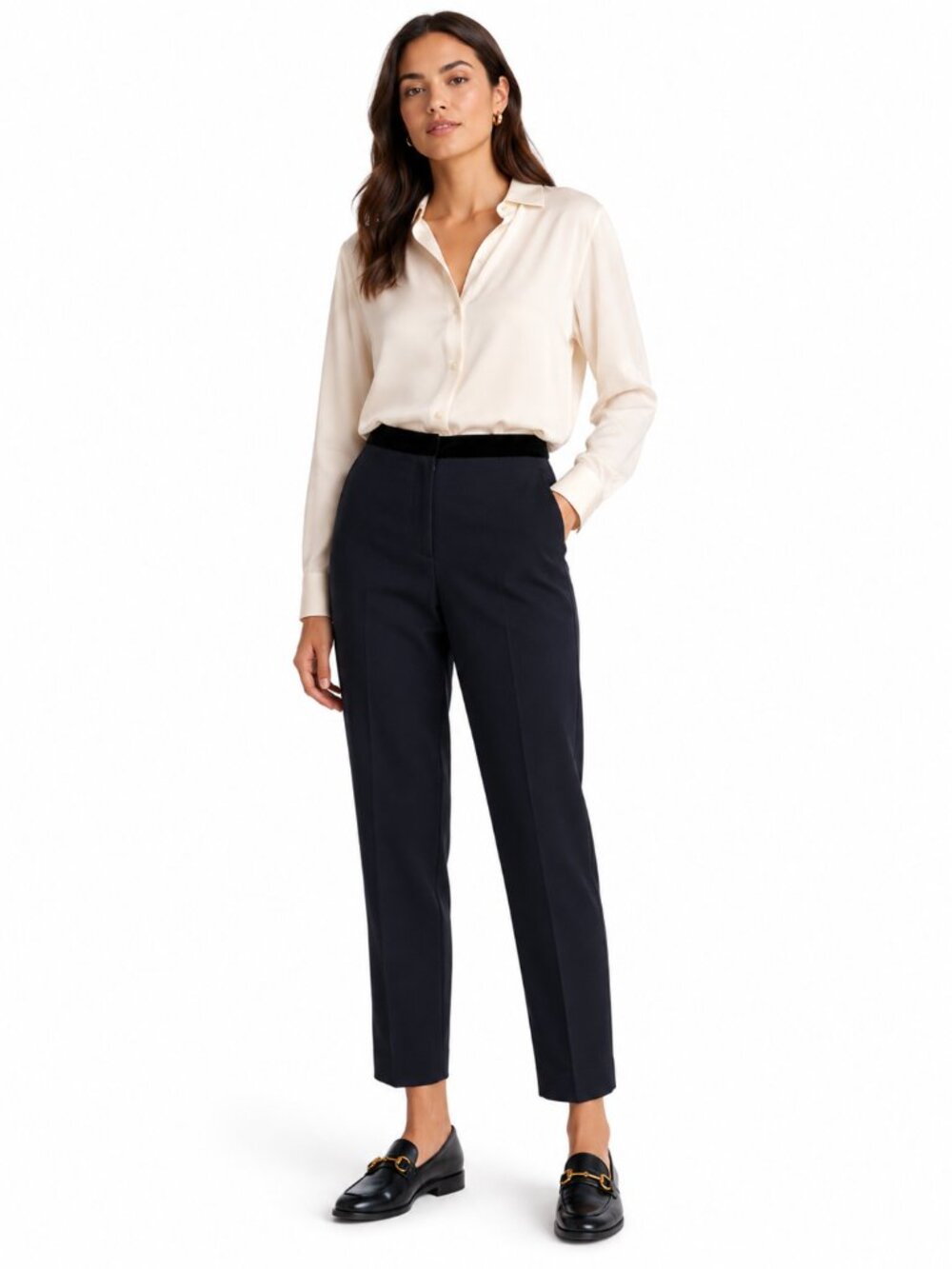 Sandro Paris Navy Tailored Cropped Pants with Black Velvet Waistband – Size 36